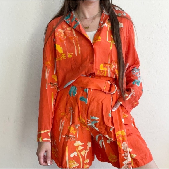 Lafayette 148 New York RIGBY BLOUSE IN OASIS PRINT SILK + Linen Shorts Set - Picture 1 of 13